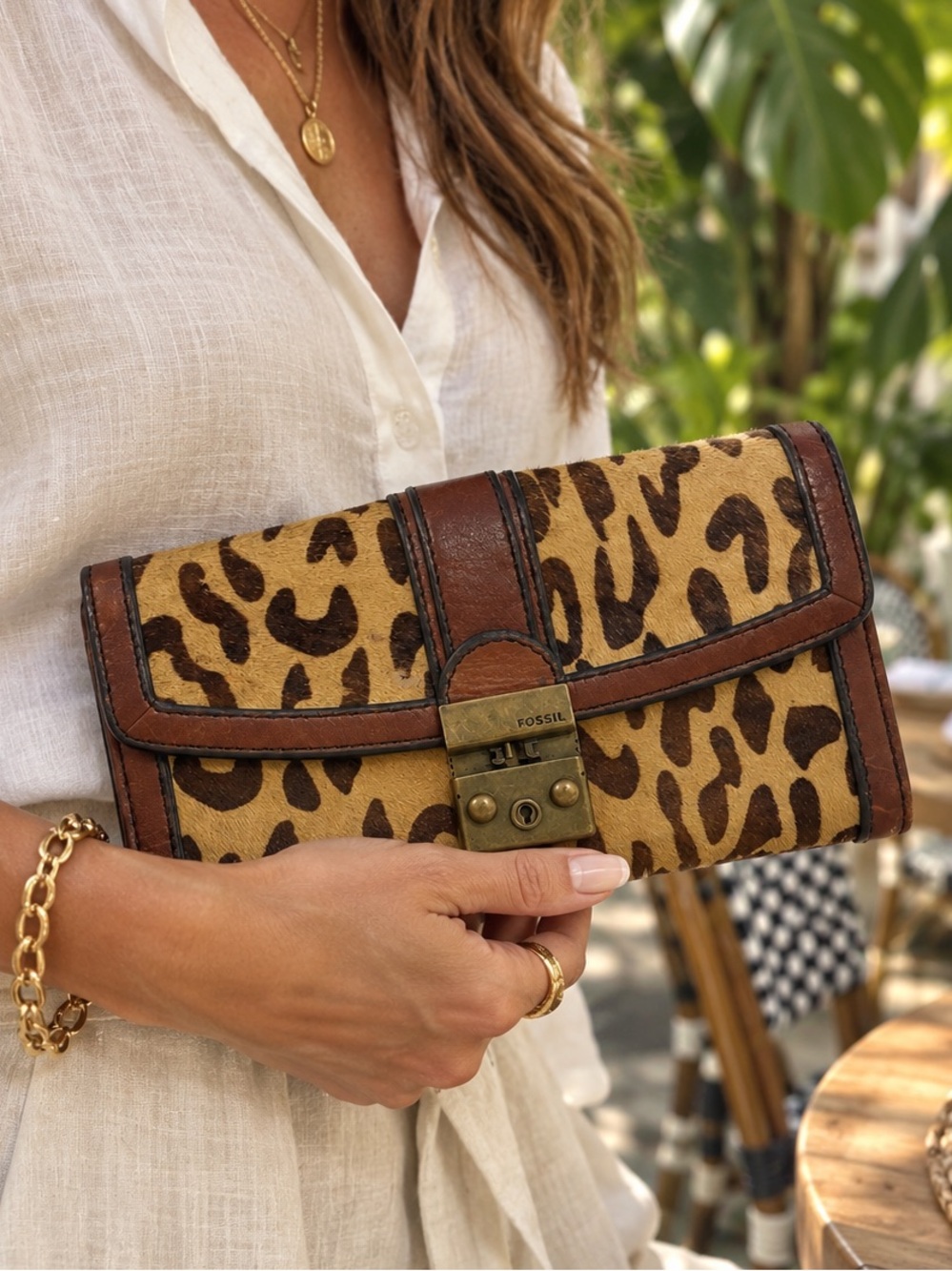 Fossil Leopard Print Clutch vintage reissue wallet trifold leather